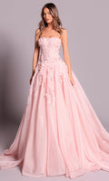 Tarik Ediz 99127 - Romantisches trägerloses Abendkleid mit Applikationen – Farbe Vanille
