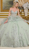 Elizabeth K GL3649 - Funkelndes Quinceañera-Kleid mit Rüschen-Overlay – Farbe Graugrün