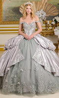 Elizabeth K GL3652 - Quinceañera-Kleid mit Perlen und Carmen-Ausschnitt – Farbe Silber