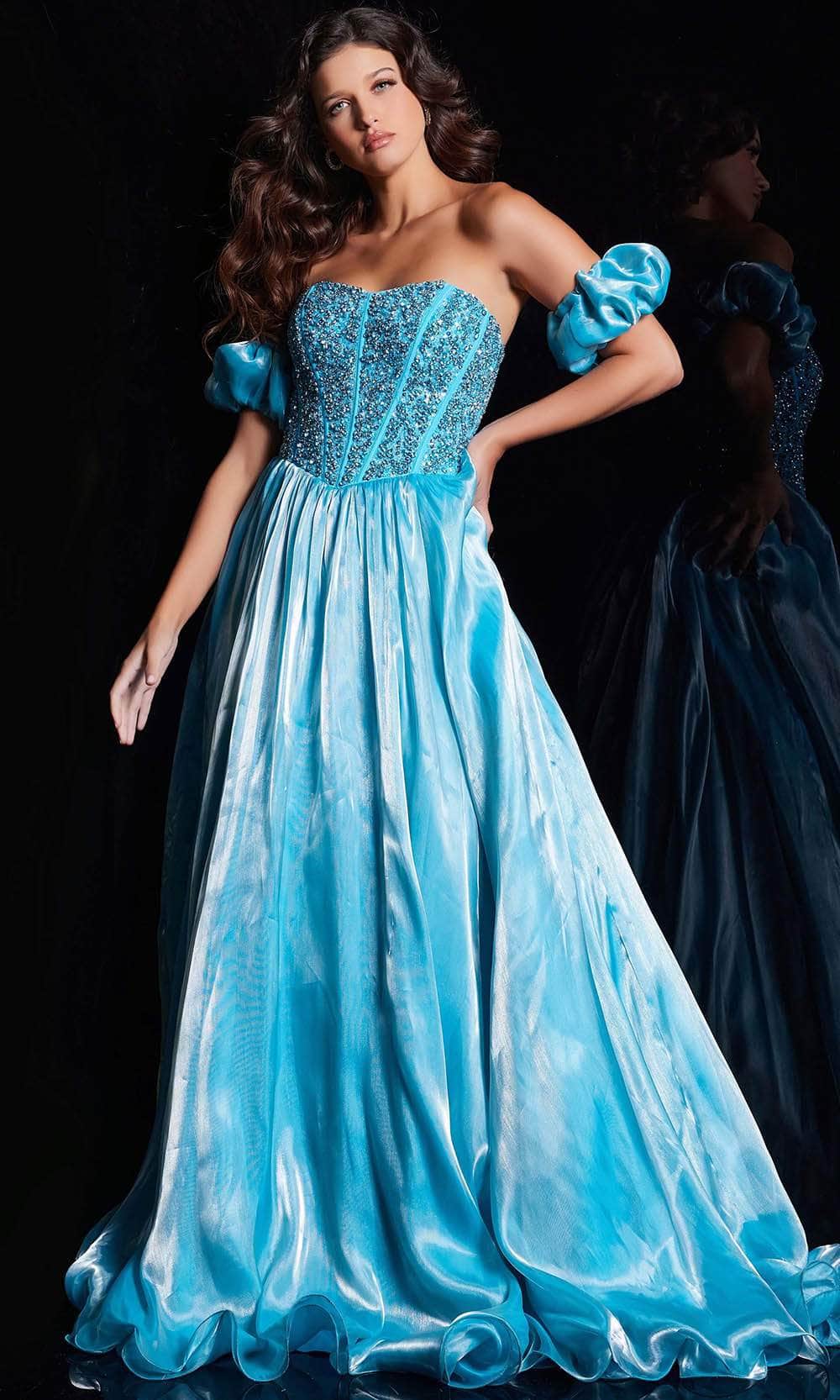 Jovani 36591 - Abiballkleid mit Perlenkorsage und Herz-Ausschnitt – Farbe Aqua