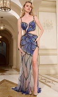 Jovani 39039 - Abendkleid mit transparenten Schmetterlingsdetails – Farbe Königsblau/Multicolor